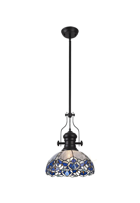 Siddall 1 Light Pendant E27 With 30cm Tiffany Shade, Matt Black/Blue/Clear Crystal