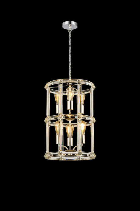 Ellison Small Round Column Pendant, 6 x E27, Polished Nickel