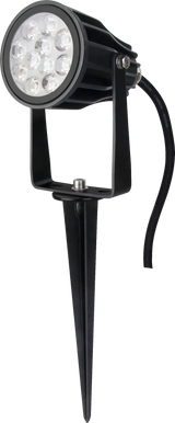 AuraLed Smart Garden Spotlight in black with multi-LED round head, adjustable bracket mount, ground spike, and trailing cable