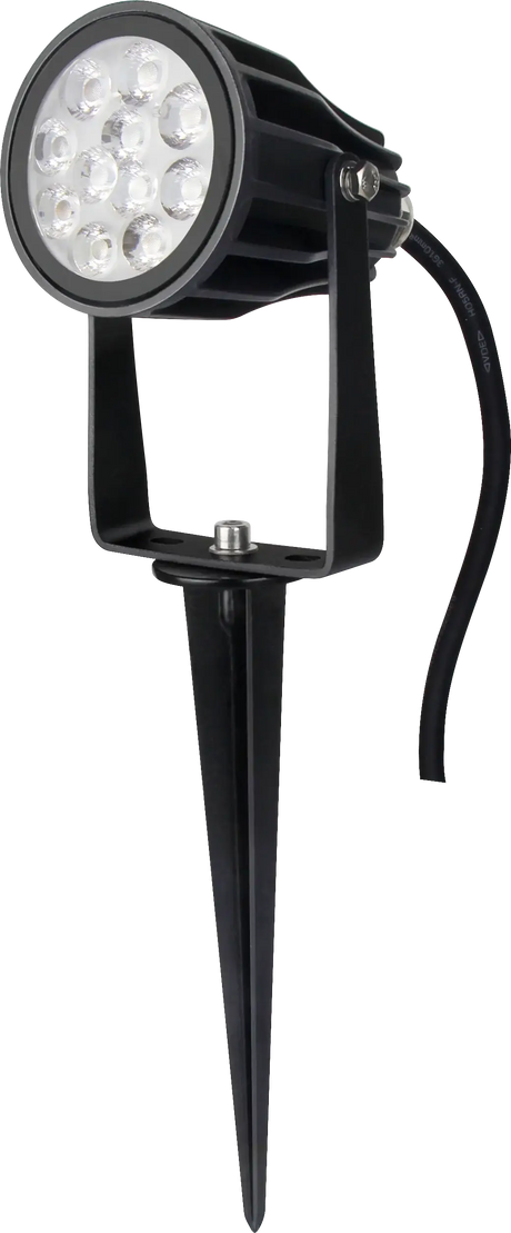 AuraLed Smart Garden Spotlight in black with multi-LED round head, adjustable bracket mount, ground spike, and trailing cable