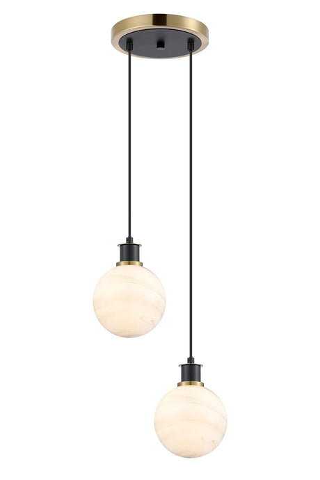 Stevens 2 Light Pendant, E14 With 15cm Round White & Grey Marble Effect Glass Shades, Brass & Satin Black Framework