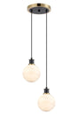 Stevens 2 Light Pendant, E14 With 15cm Round White & Grey Marble Effect Glass Shades, Brass & Satin Black Framework