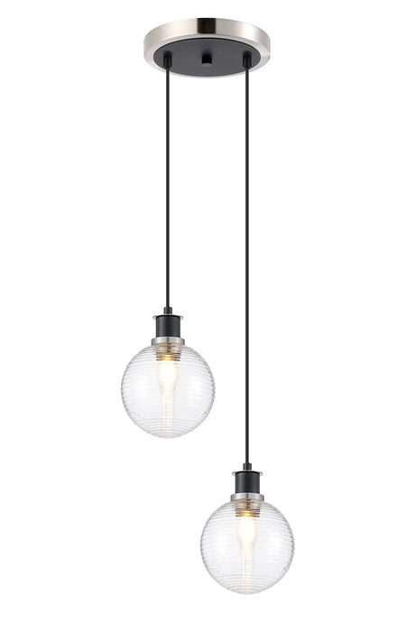 Stevens 2 Light Pendant, E14 With 15cm Round Ribbed Glass Shades, Satin Nickel, Clear & Satin Black