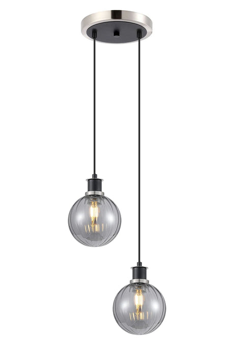 Stevens 2 Light Pendant, E14 With 15cm Round Segment Glass Shades, Satin Nickel, Smoke Plated & Satin Black