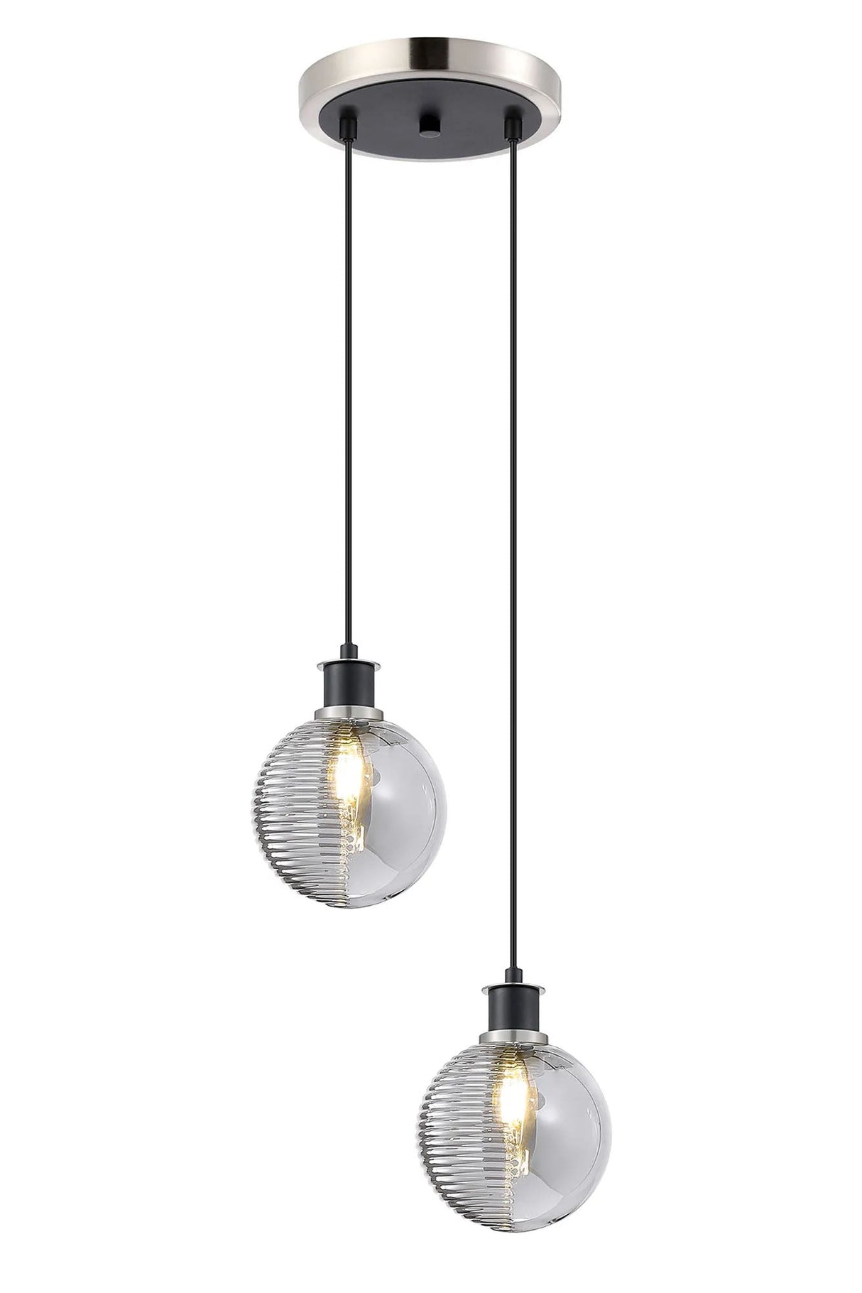 Stevens 2 Light Pendant, E14 With 15cm Round Double Textured Smooth / Ribbed Glass Shades, Satin Nickel, Smoke Plated & Satin Black