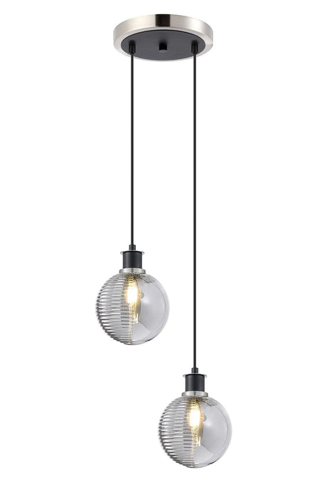 Stevens 2 Light Pendant, E14 With 15cm Round Double Textured Smooth / Ribbed Glass Shades, Satin Nickel, Smoke Plated & Satin Black