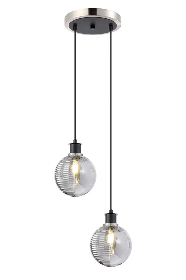 Stevens 2 Light Pendant, E14 With 15cm Round Double Textured Smooth / Ribbed Glass Shades, Satin Nickel, Smoke Plated & Satin Black