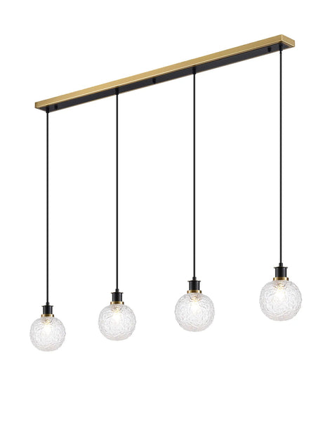 Stevens 1.3m Linear Pendant, 4 x E14 With 15cm Round Textured Crumple Glass Shade, Brass, Clear & Satin Black