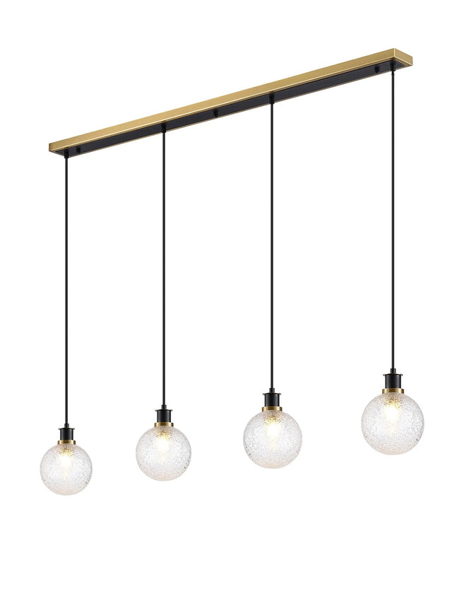 Stevens 1.3m Linear Pendant, 4 x E14 With 15cm Round Dimpled Glass Shade, Brass, Clear & Satin Black