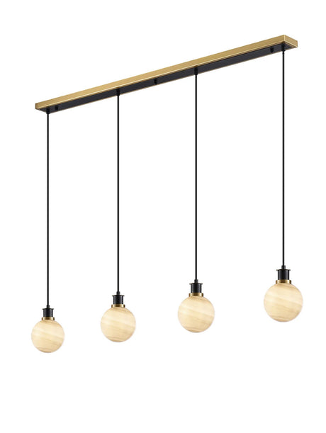 Stevens 1.3m Linear Pendant, 4 Light E14 With 15cm Round Dark Beige Marble Effect Glass Shade, Brass & Satin Black Framework
