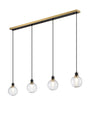 Stevens 1.3m Linear Pendant, 4 x E14 With 15cm Round Textured Melting Glass Shade, Brass, Clear & Satin Black