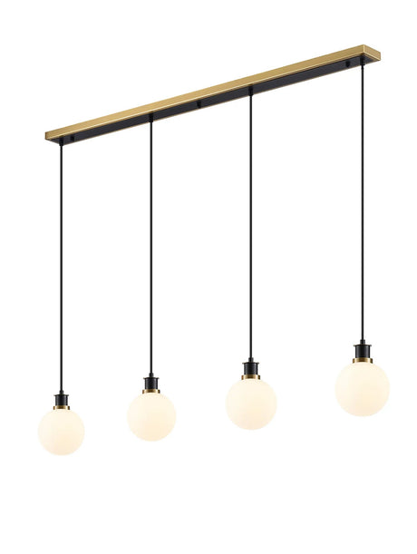 Stevens 1.3m Linear Pendant, 4 x E14 With 15cm Round Glass Shade, Brass, Opal & Satin Black