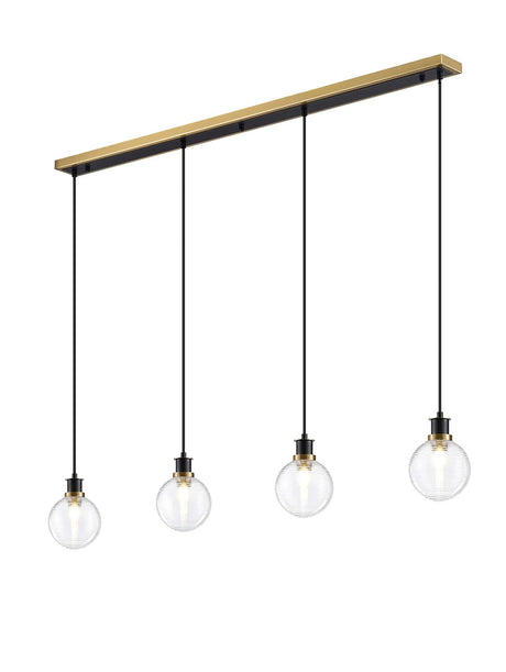 Stevens 1.3m Linear Pendant, 4 x E14 With 15cm Round Ribbed Glass Shade, Brass, Clear & Satin Black