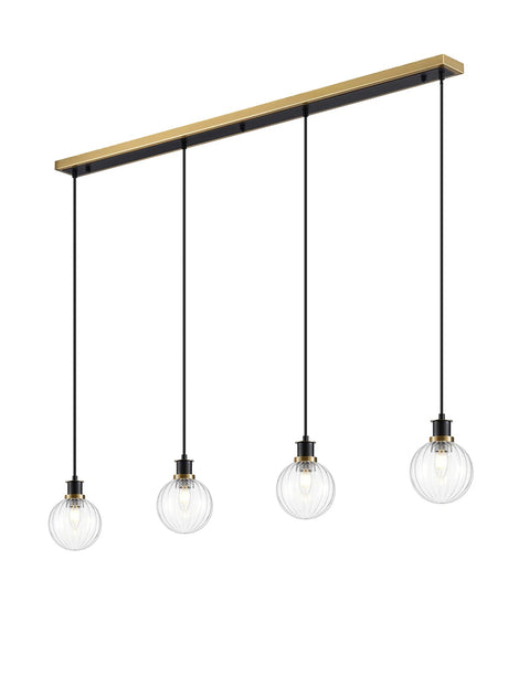 Stevens 1.3m Linear Pendant, 4 x E14 With 15cm Round Segment Glass Shade, Brass, Clear & Satin Black
