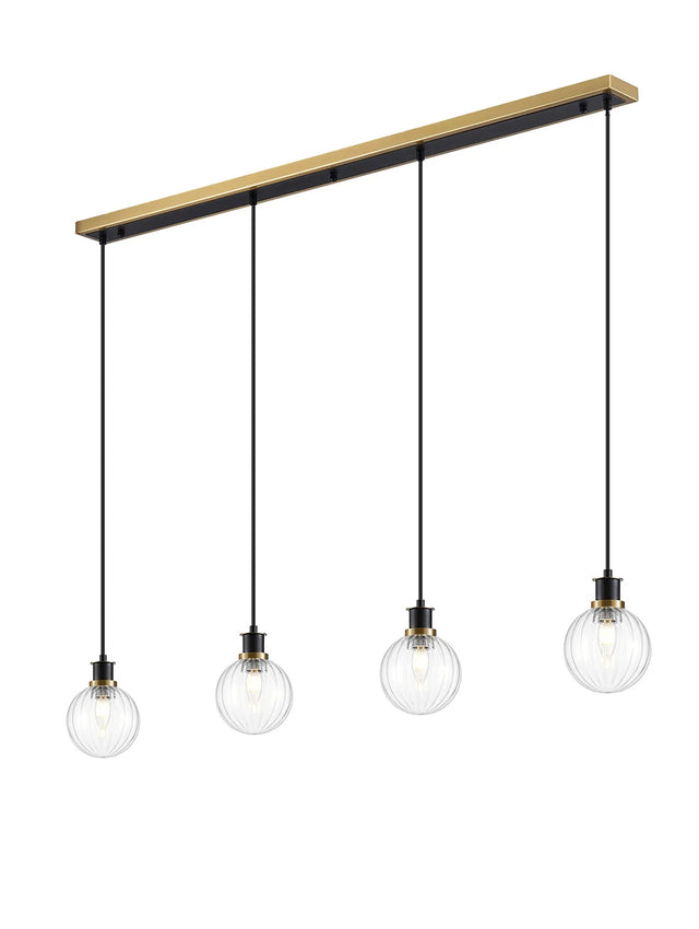 Stevens 1.3m Linear Pendant, 4 x E14 With 15cm Round Segment Glass Shade, Brass, Clear & Satin Black
