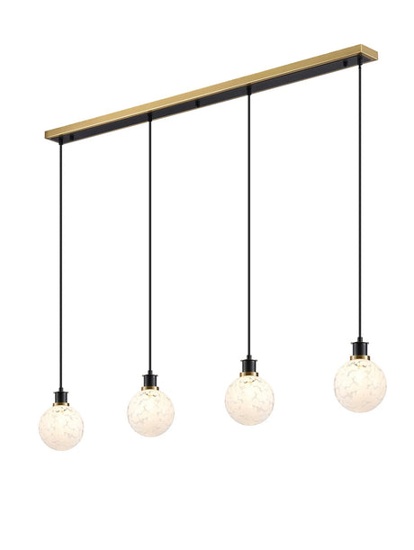 Stevens 1.3m Linear Pendant, 4 x E14 With 15cm Round Speckled Glass Shade, Brass, White & Satin Black