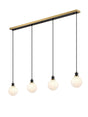 Stevens 1.3m Linear Pendant, 4 x E14 With 15cm Round Speckled Glass Shade, Brass, White & Satin Black