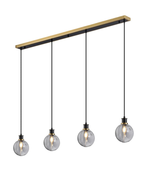 Stevens 1.3m Linear Pendant, 4 x E14 With 15cm Round Double Textured Smooth/Ribbed Glass Shade, Brass, Smoke Plated & Satin Black