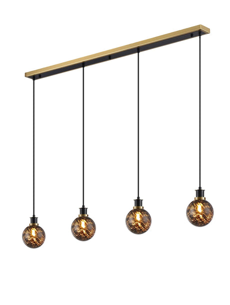 Stevens 1.3m Linear Pendant, 4 Light E14 With 15cm Round Brown & Amber Tortoise Shell Glass Shade, Brass & Satin Black Framework