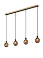 Stevens 1.3m Linear Pendant, 4 Light E14 With 15cm Round Brown & Amber Tortoise Shell Glass Shade, Brass & Satin Black Framework