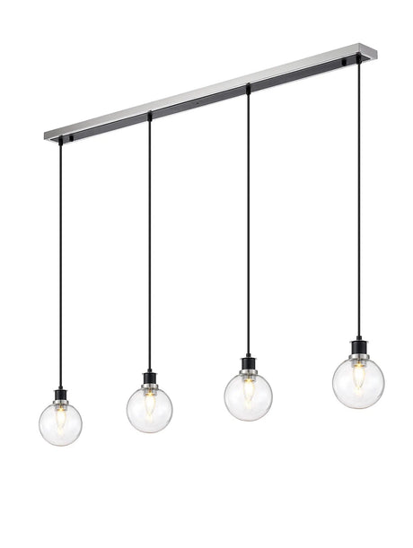 Stevens 1.3m Linear Pendant, 4 x E14 With 15cm Round Glass Shade, Satin Nickel, Clear & Satin Black