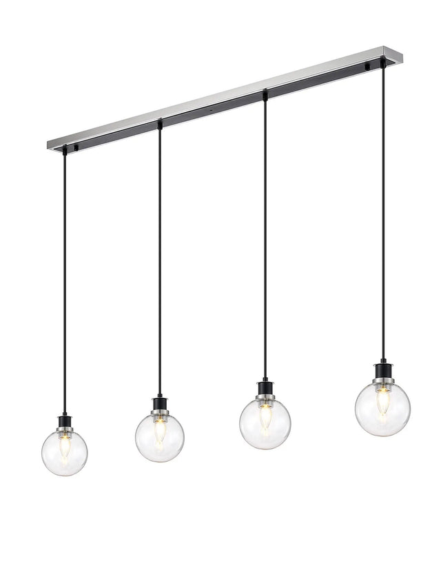 Stevens 1.3m Linear Pendant, 4 x E14 With 15cm Round Glass Shade, Satin Nickel, Clear & Satin Black