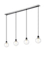 Stevens 1.3m Linear Pendant, 4 x E14 With 15cm Round Glass Shade, Satin Nickel, Clear & Satin Black