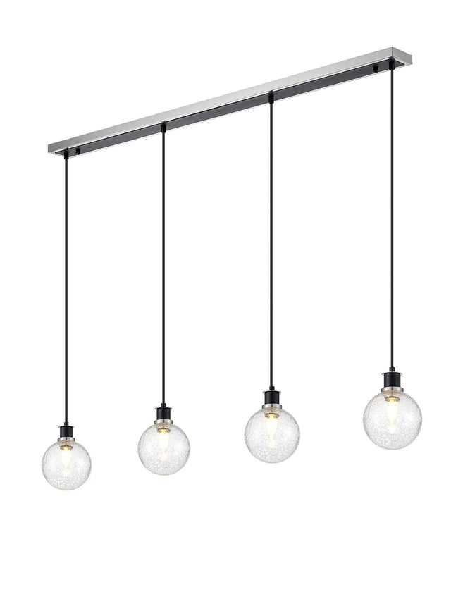 Stevens 1.3m Linear Pendant, 4 x E14 With 15cm Round Crackled Glass Shade, Satin Nickel, Clear & Satin Black