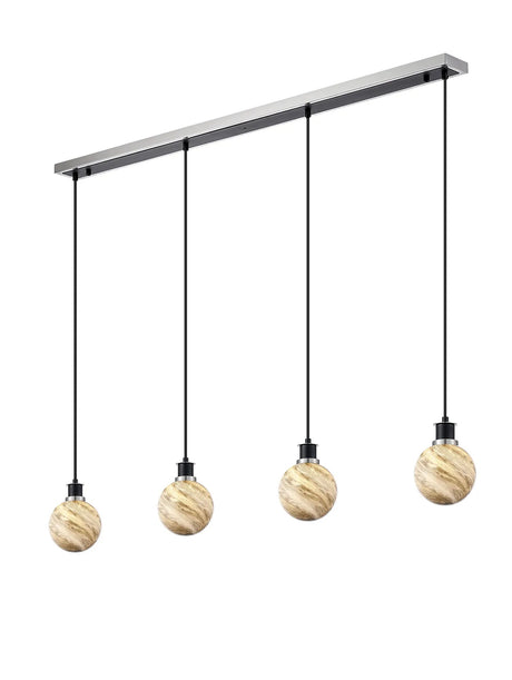 Stevens 1.3m Linear Pendant, 4 Light E14 With 15cm Round Light Grey Marble Effect Glass Shade, Satin Nickel & Satin Black Framework
