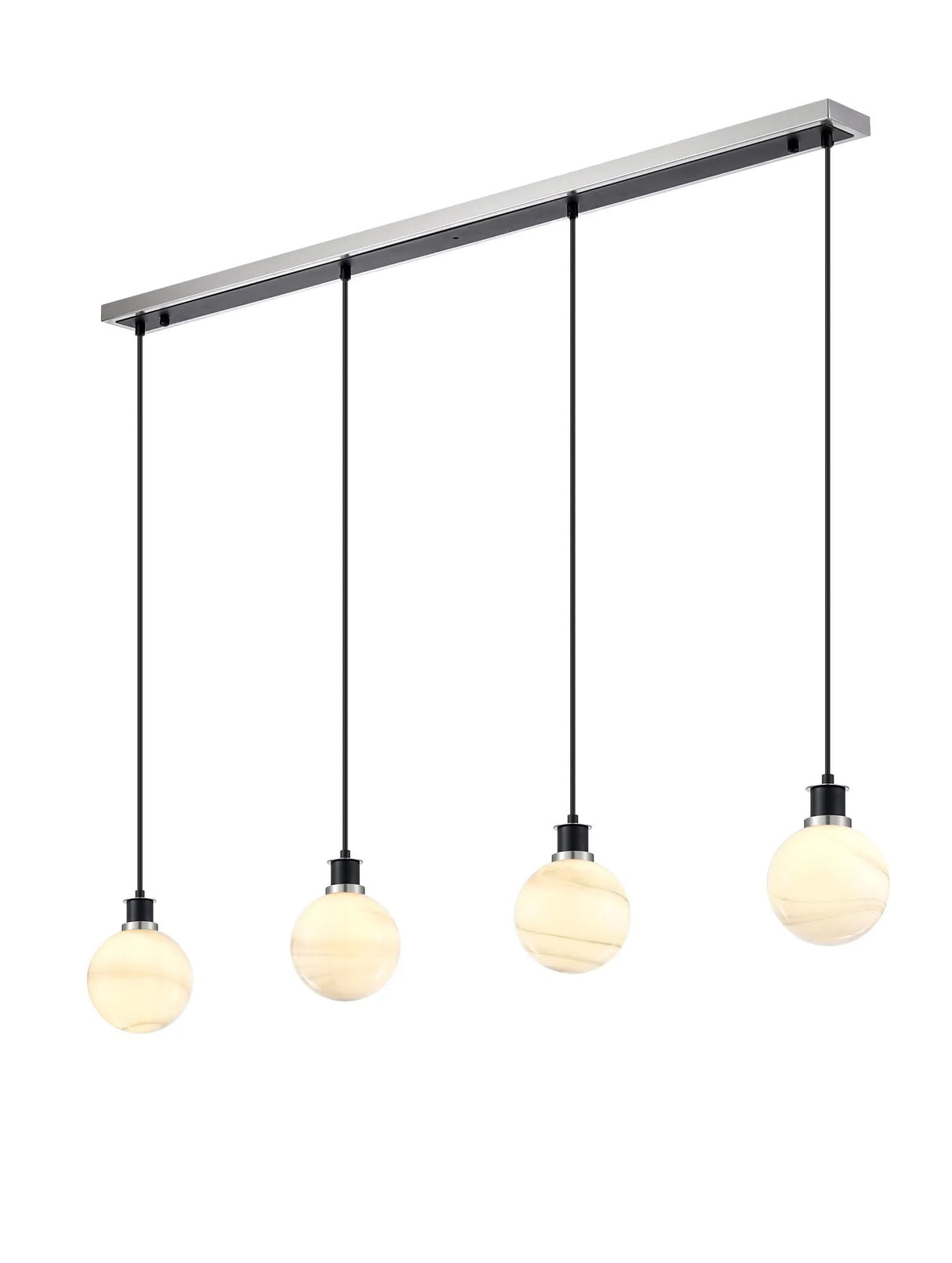 Stevens 1.3m Linear Pendant, 4 x E14 With 15cm Round Marble Effect Glass Shade, Satin Nickel, White & Satin Black