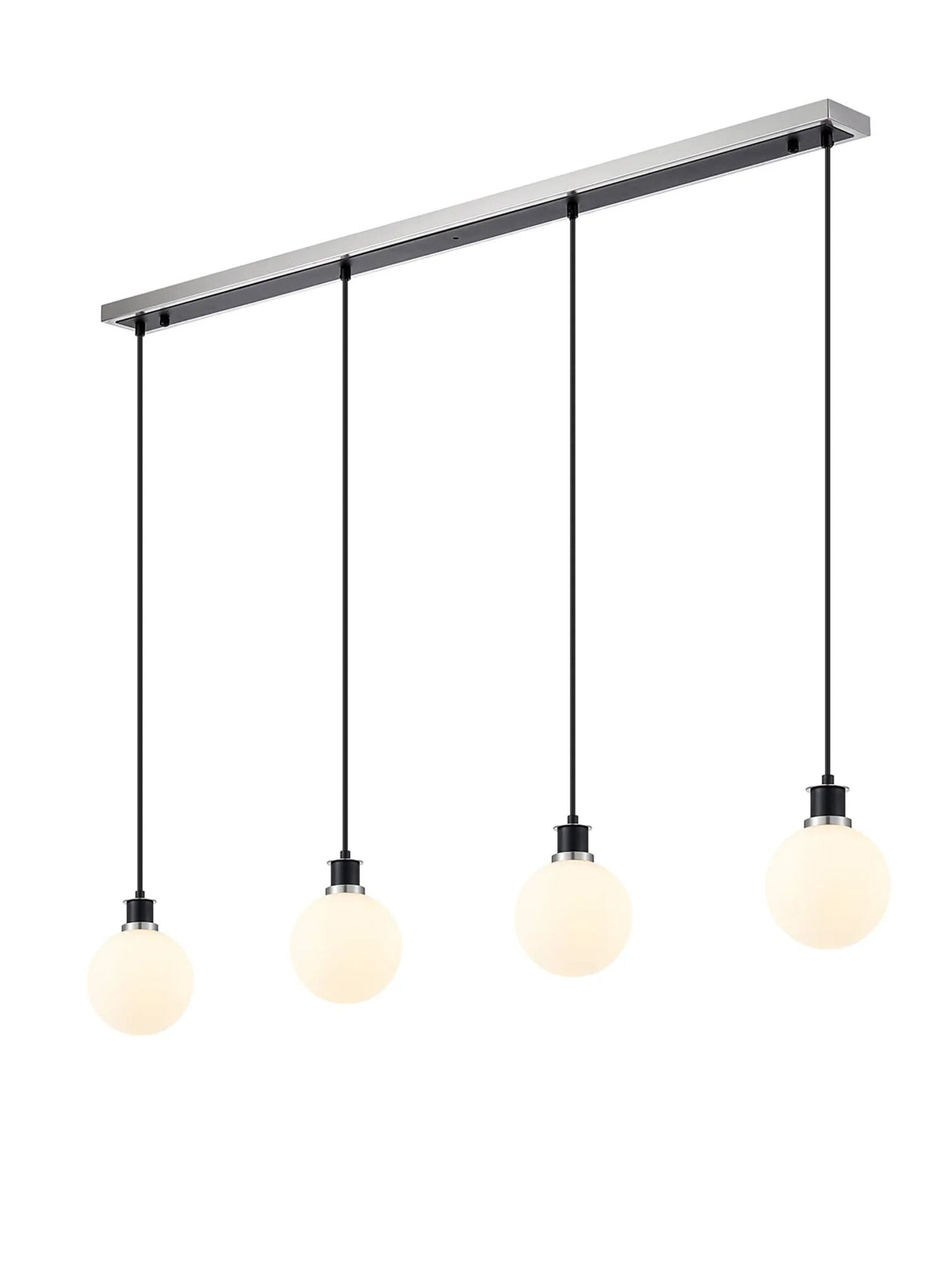 Stevens 1.3m Linear Pendant, 4 x E14 With 15cm Round Glass Shade, Satin Nickel, Opal & Satin Black