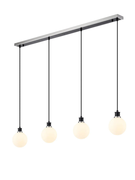 Stevens 1.3m Linear Pendant, 4 x E14 With 15cm Round Glass Shade, Satin Nickel, Opal & Satin Black