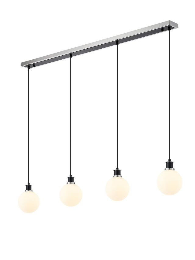 Stevens 1.3m Linear Pendant, 4 x E14 With 15cm Round Glass Shade, Satin Nickel, Opal & Satin Black