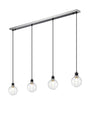 Stevens 1.3m Linear Pendant, 4 x E14 With 15cm Round Ribbed Glass Shade, Satin Nickel, Clear & Satin Black