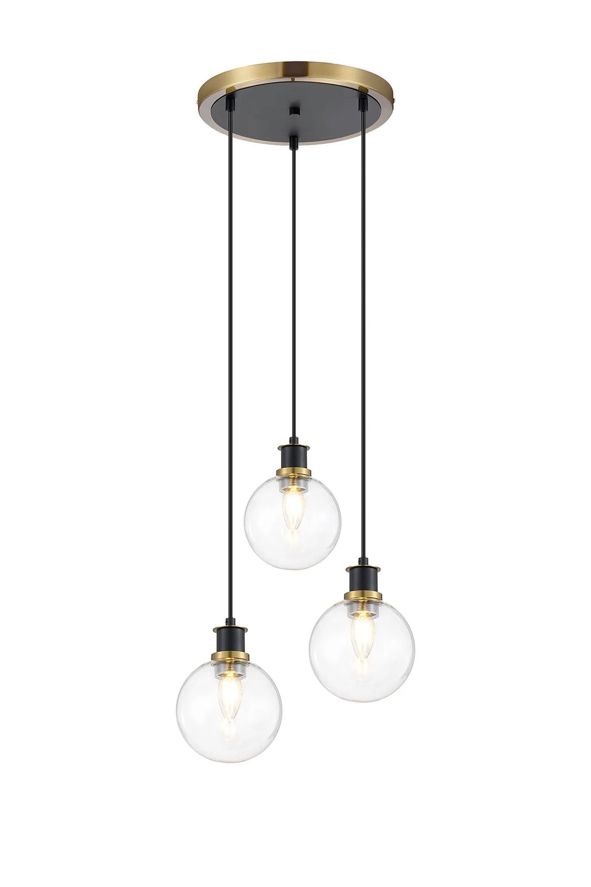 Stevens 1.3m Round Pendant, 3 x E14 With 15cm Round Glass Shade, Brass, Clear & Satin Black