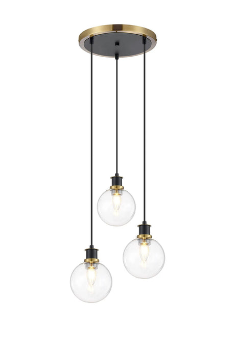 Stevens 1.3m Round Pendant, 3 x E14 With 15cm Round Glass Shade, Brass, Clear & Satin Black