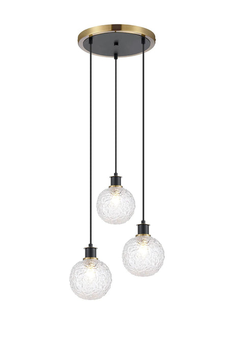 Stevens 1.3m Round Pendant, 3 x E14 With 15cm Round Textured Crumple Glass Shade, Brass, Clear & Satin Black