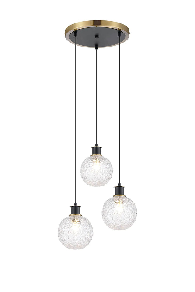 Stevens 1.3m Round Pendant, 3 x E14 With 15cm Round Textured Crumple Glass Shade, Brass, Clear & Satin Black