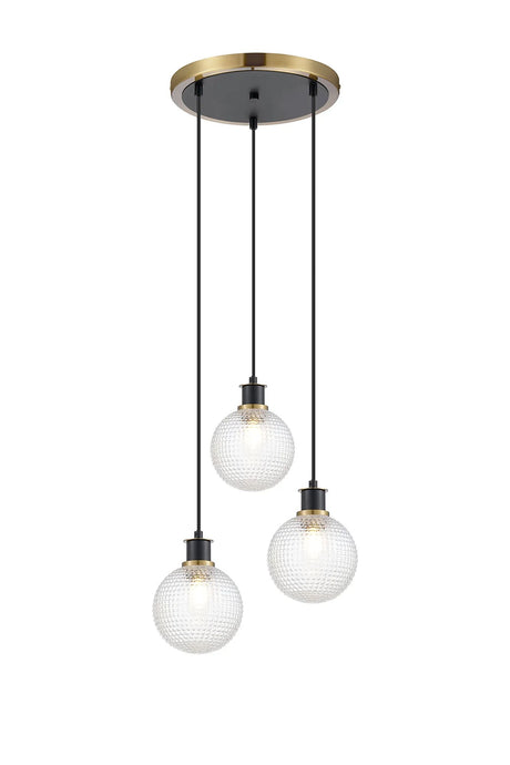 Stevens 1.3m Round Pendant, 3 x E14 With 15cm Round Textured Diamond Pattern Glass Shade, Brass, Clear & Satin Black