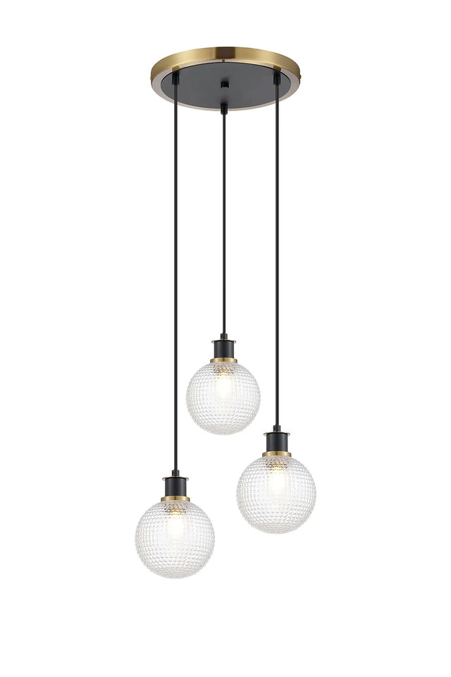 Stevens 1.3m Round Pendant, 3 x E14 With 15cm Round Textured Diamond Pattern Glass Shade, Brass, Clear & Satin Black