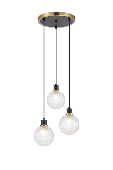 Stevens 1.3m Round Pendant, 3 x E14 With 15cm Round Dimpled Glass Shade, Brass, Clear & Satin Black