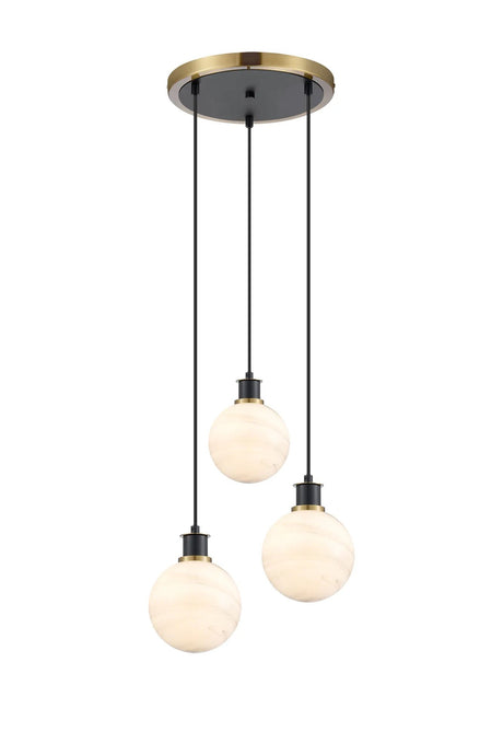 Stevens 1.3m Round Pendant, 3 x E14 With 15cm Round Marble Effect Glass Shade, Brass, White & Satin Black