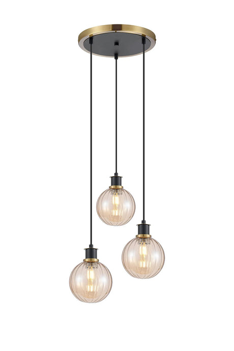 Stevens 1.3m Round Pendant, 3 x E14 With 15cm Round Segment Glass Shade, Brass, Amber Plated & Satin Black