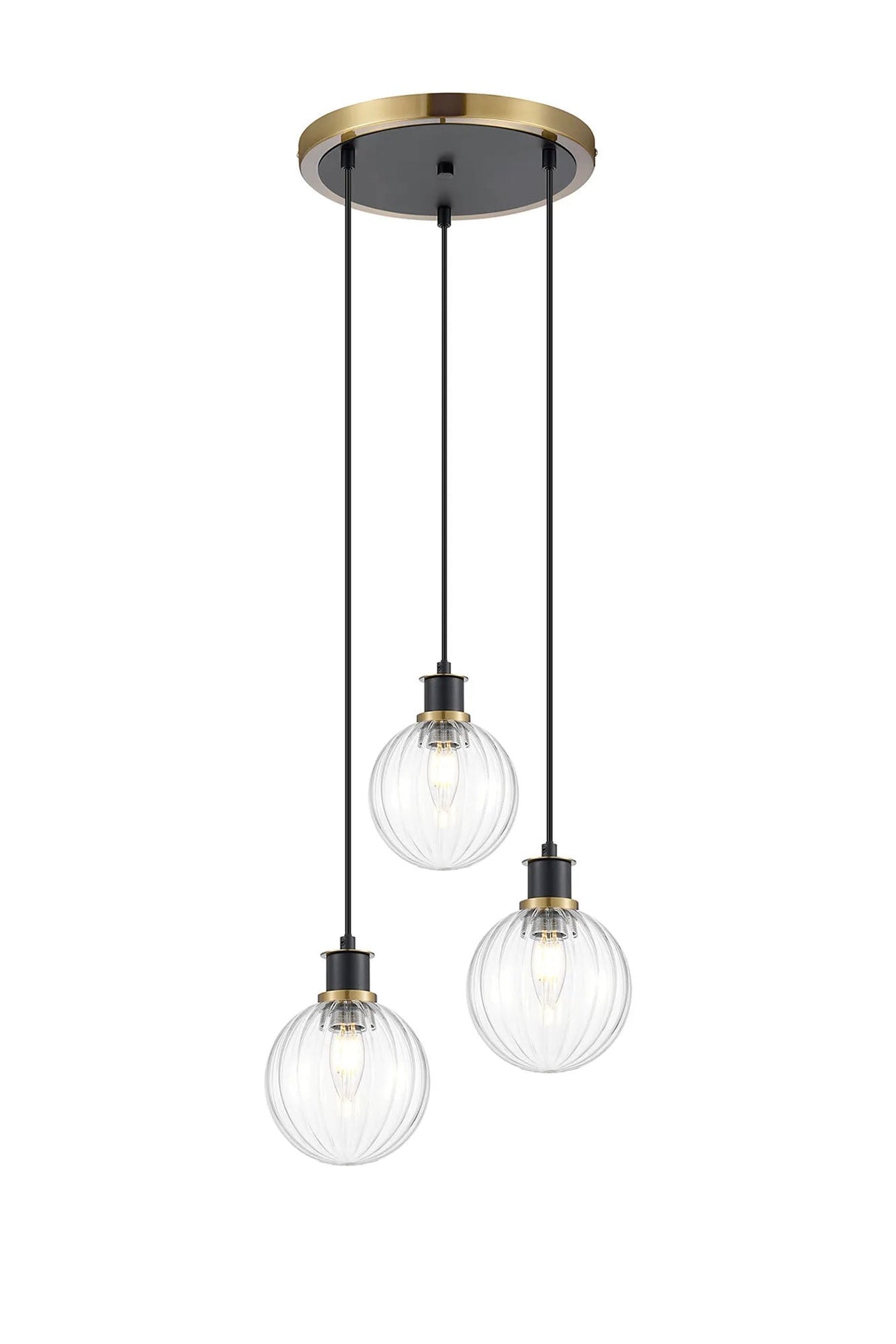 Stevens 1.3m Round Pendant, 3 x E14 With 15cm Round Segment Glass Shade, Brass, Clear & Satin Black