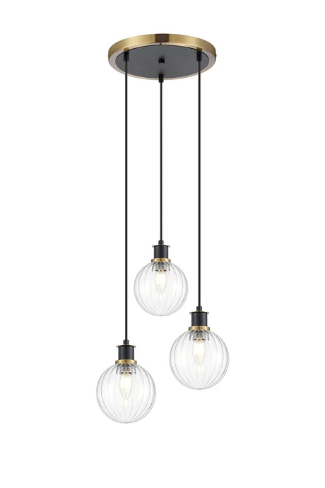 Stevens 1.3m Round Pendant, 3 x E14 With 15cm Round Segment Glass Shade, Brass, Clear & Satin Black