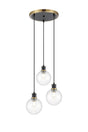 Stevens 1.3m Round Pendant, 3 x E14 With 15cm Round Segment Glass Shade, Brass, Clear & Satin Black
