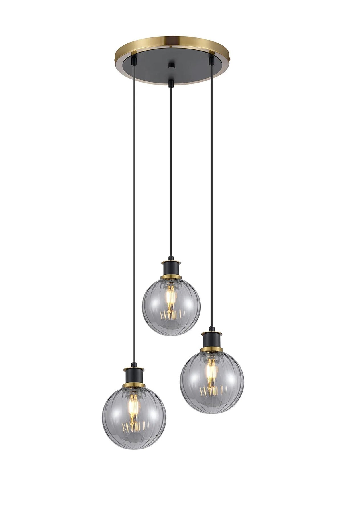 Stevens 1.3m Round Pendant, 3 x E14 With 15cm Round Segment Glass Shade, Brass, Smoke Plated & Satin Black