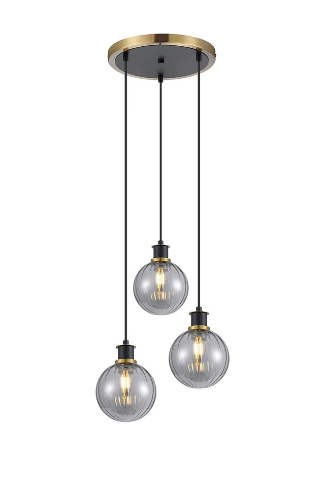 Stevens 1.3m Round Pendant, 3 x E14 With 15cm Round Segment Glass Shade, Brass, Smoke Plated & Satin Black