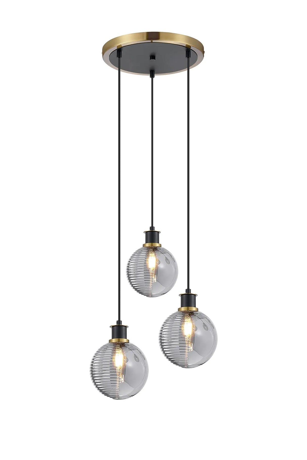 Stevens 1.3m Round Pendant, 3 x E14 With 15cm Round Double Textured Smooth/Ribbed Glass Shade, Brass, Smoke Plated & Satin Black