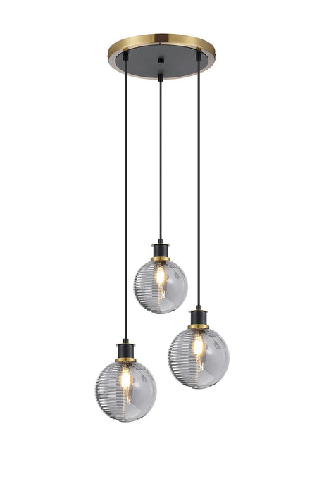 Stevens 1.3m Round Pendant, 3 x E14 With 15cm Round Double Textured Smooth/Ribbed Glass Shade, Brass, Smoke Plated & Satin Black